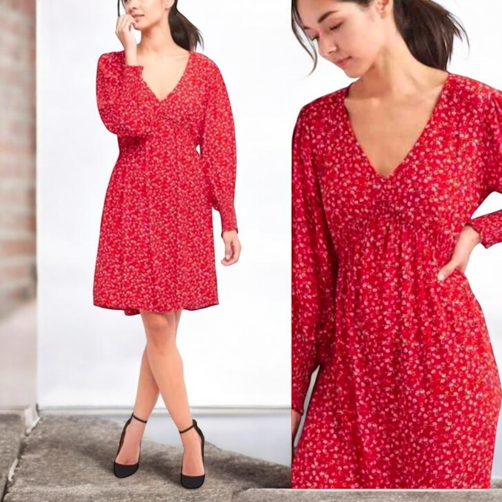 Gap Red floral long sleeve short dress v-neck XS-S tomato girl summer outfit
